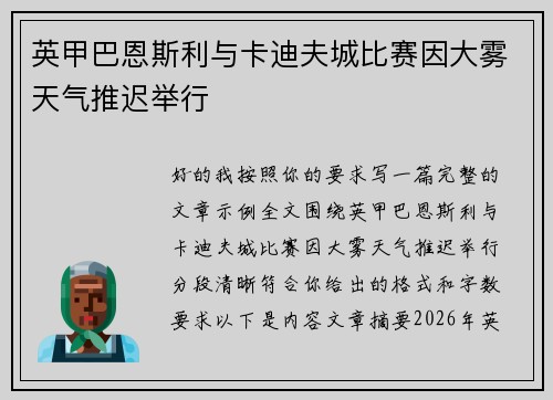 英甲巴恩斯利与卡迪夫城比赛因大雾天气推迟举行